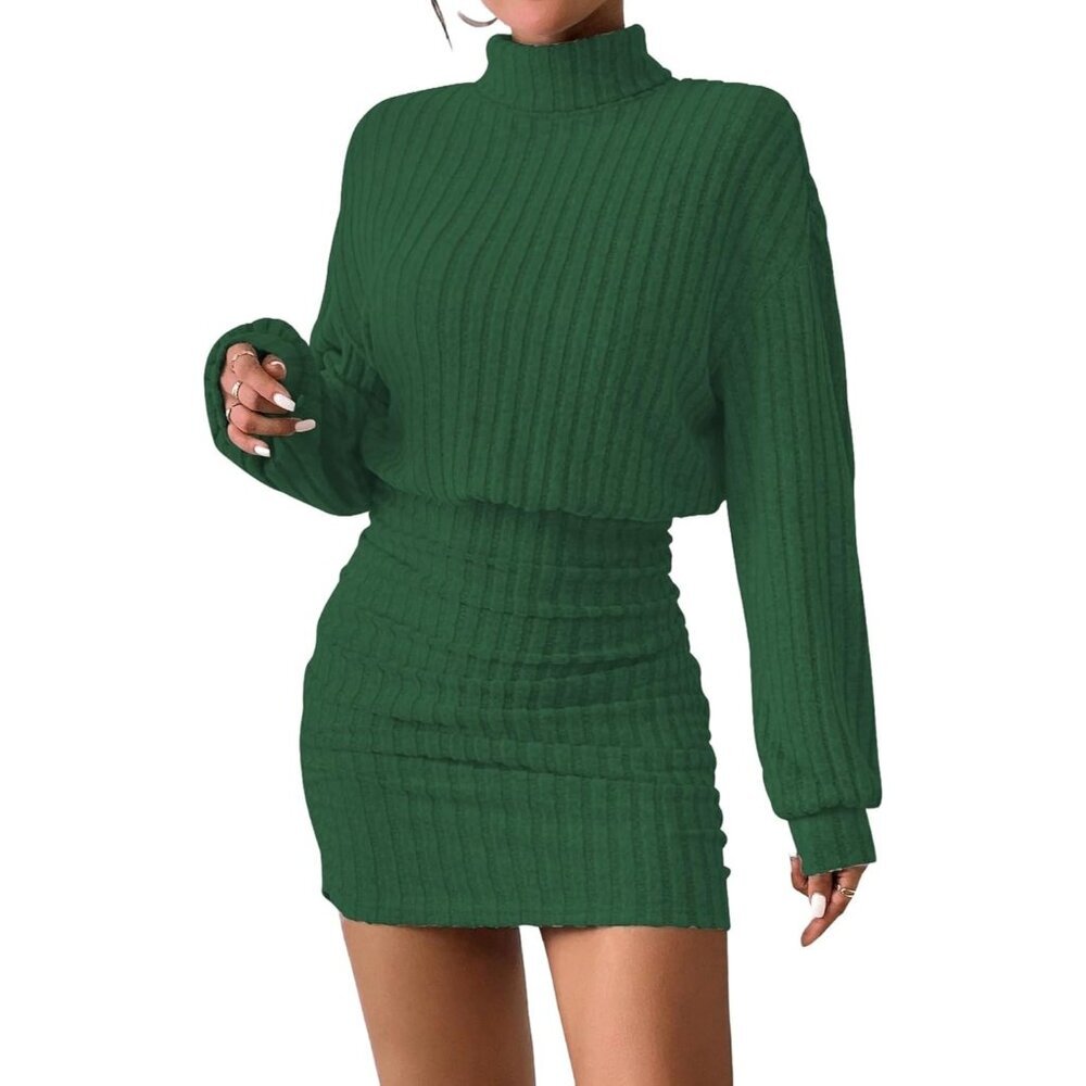 Women GrassGreen Long Sleeve Turtle Neck Cute Ribbed Knit Pullover Sweater